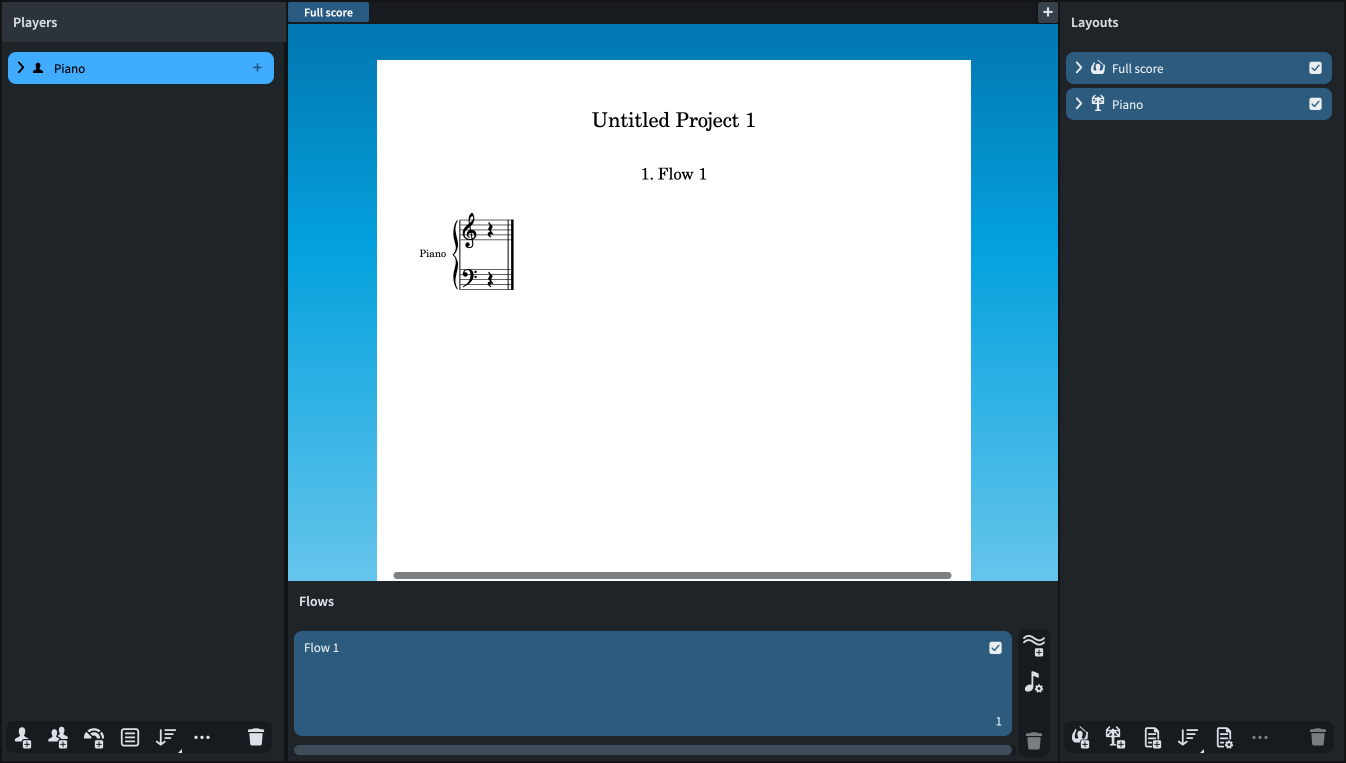 Project window in Setup mode after adding a single piano player
