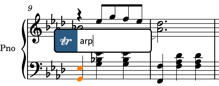 Ornaments popover above the bottom staff with the entry for an arpeggio sign