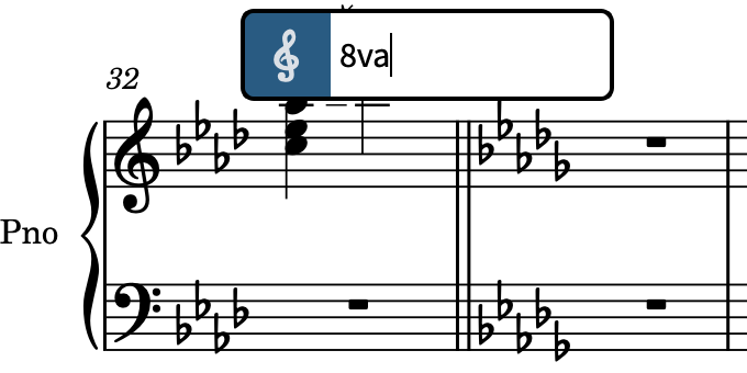 Clefs and octave lines popover above the staff with an entry for an 8va octave line