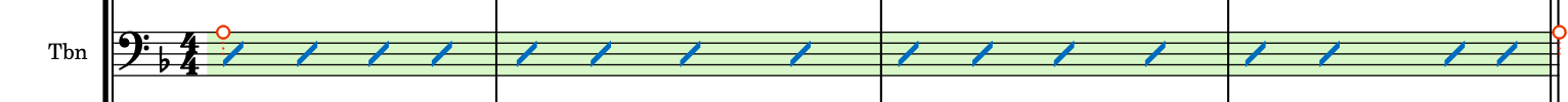 Regione con teste di nota a barre inserita sul rigo del trombone nelle misure da 1 a 4
