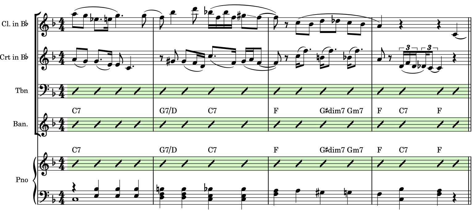 Regione con teste di nota a barre inserite nel rigo del trombone, del banjo e nel rigo superiore del pianoforte