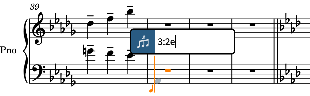 下の譜表の上の連符のポップオーバーに 8 分音符の 3 連符のエントリーを入力したところ