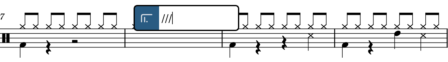 Wiederholungen-Einblendfeld über der Notenzeile mit einem Eintrag für Drei-Strich-Tremolos auf einer einzelnen Note