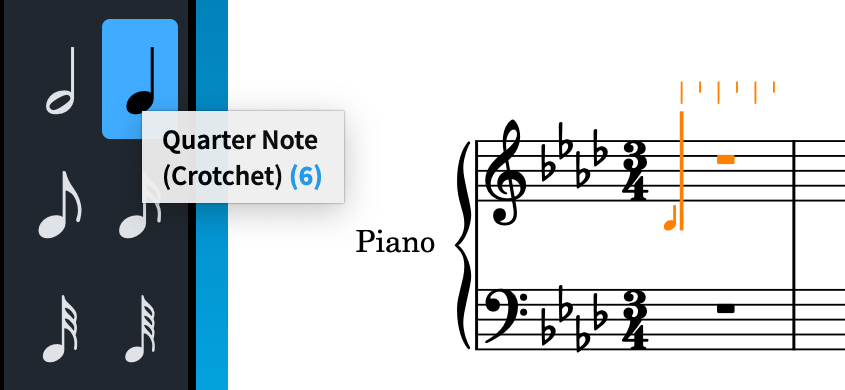 Quarter note button in the Notes panel
