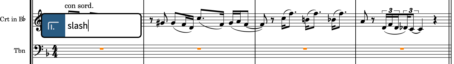 Popover des reprises au-dessus de la portée de trombone avec l'entrée correspondant à une région de slashs