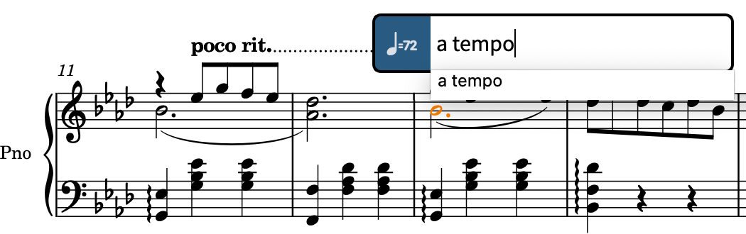 Popover des tempos au-dessus de la portée du haut avec l'entrée correspondant à « a tempo »
