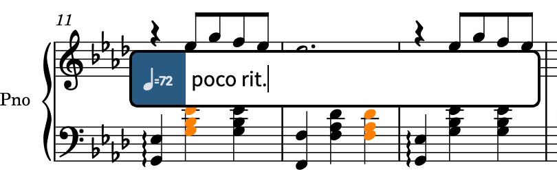 Popover des tempos au-dessus de la portée du bas avec l'entrée correspondant à un « poco rit. »