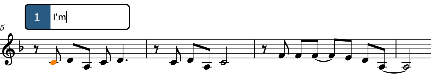 声楽の譜表の上に表示された歌詞のポップオーバーに「I’m」という歌詞を入力したところ