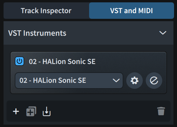 VST および MIDI インストゥルメントパネルの「VST インストゥルメント (VST Instruments)」セクション