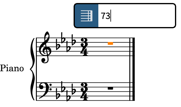 譜表の上の小節と小節線のポップオーバーに、73 個の小節を追加するエントリーを入力したところ