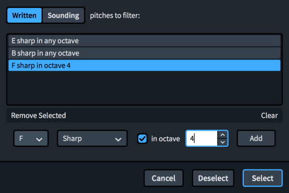 Filter Notes by Pitch dialog