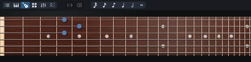 Griffbrett-Bereich mit Anzeige des Griffbretts für eine klassische Gitarre mit drei gegriffenen Saiten