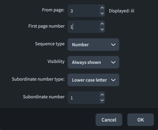 Page Number Change dialog