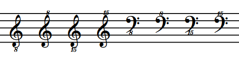 Multiple clefs with different octave indicators on a five-line staff