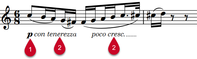 Musical phrase with dynamics and modifiers labelled