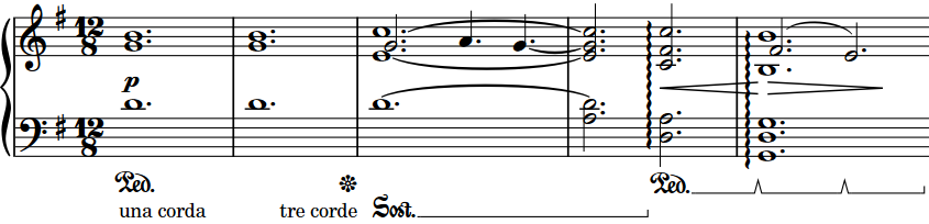 Musical phrase with sustain, sostenuto, and una corda pedal lines