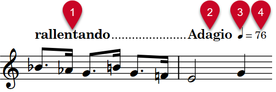Musical phrase with different types of tempo marks labelled