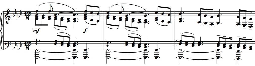 An excerpt of piano music with two voices active on each staff