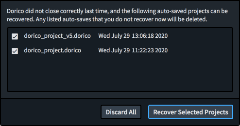 Recover Auto-saved Projects dialog