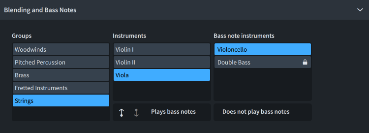 Generate Notes From Chord Symbols dialog, Blending and Bass Notes section