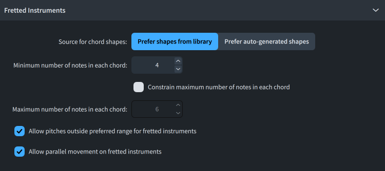 Generate Notes From Chord Symbols dialog, Fretted Instruments section
