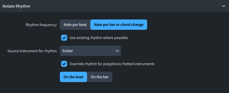 Generate Notes From Chord Symbols dialog, Notate Rhythm section