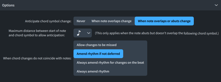 Generate Notes From Chord Symbols dialog, Options section