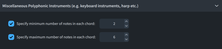 Generate Notes From Chord Symbols dialog, Miscellaneous Polyphonic Instruments (e.g. keyboard instruments, harp etc.) section