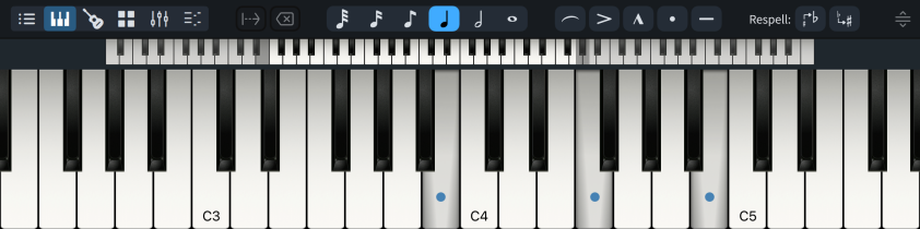 Pannello della tastiera di pianoforte con tre tasti premuti