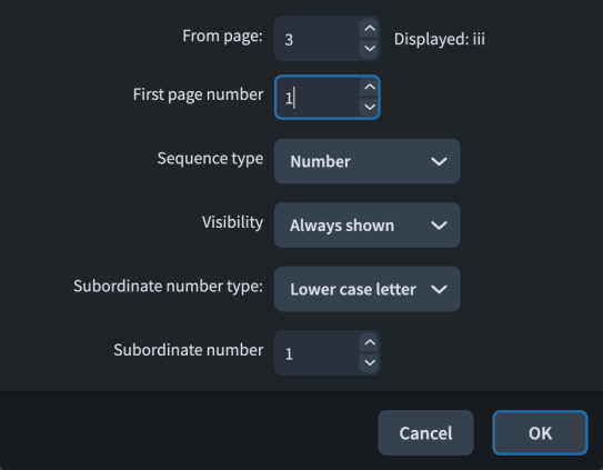 Page Number Change dialog