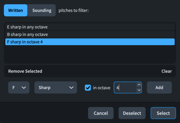 Filter Notes by Pitch dialog
