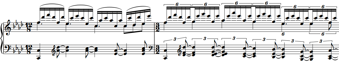 異なる拍子を使用するパッセージ。異なる拍子では音符の連桁のグループ化の形も変わります。拍と小節線をまたぐ音符は自動的にタイでつながれた音符として表示されます。