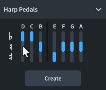 演奏技法パネルの「ハープペダル (Harp Pedals)」セクション