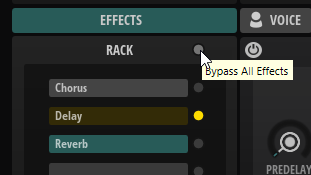 Der Schalter Bypass All Effects oben rechts im Effects-Bereich ist deaktiviert, der Bypass-Schalter für den Delay-Effekt in der Effektkette ist aktiviert.