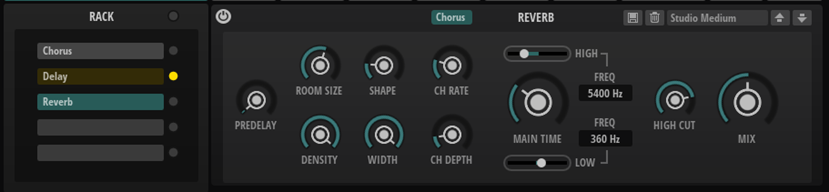 The Effects section showing the parameters for the Reverb effect.