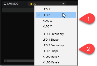 Das Modulationseinblendmenü für den Bereich LFO Mod. Oben werden die Modulationsquellen angezeigt. Die Parameter, die als Modulationsziele dienen können, werden unten aufgelistet.