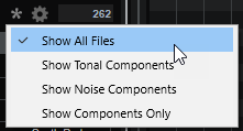 Das geöffnete Einblendmenü Filter by Sound Component mit den verfügbaren Optionen: Show All Files, Show Tonal Components, Show Noise Components und Show Components Only.