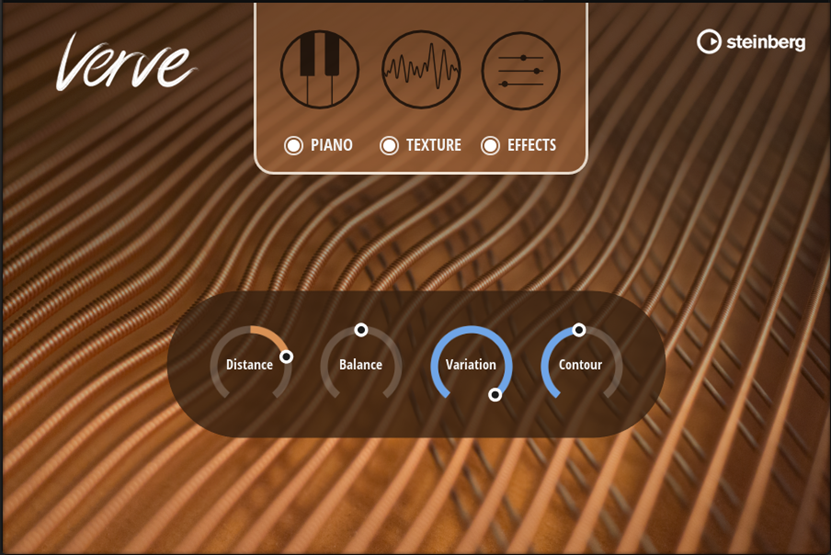 The main page of Verve, with the page buttons at the top and the most important parameter controls at the bottom: Distance, Balance, Variation, and Contour.