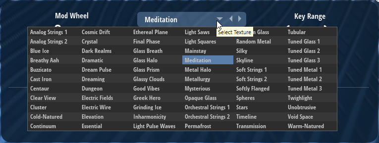 The Select Texture pop-up menu showing the list of texture presets.