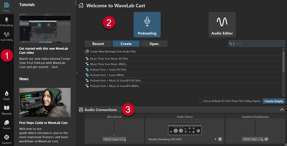 Startup Assistant window for WaveLab Cast