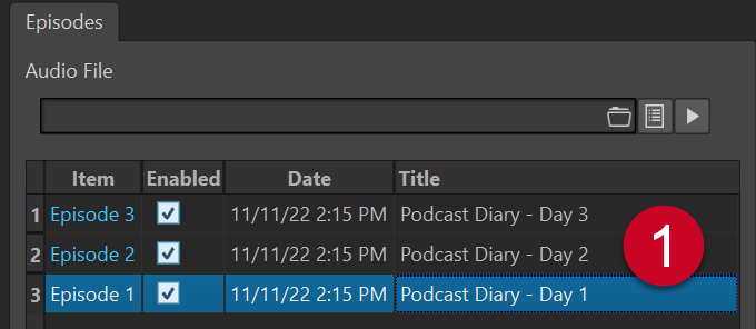 List of episodes in the RSS Feed editor