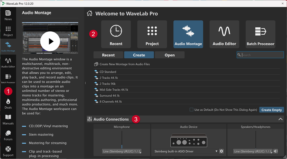 Startup Assistant window for WaveLab Pro